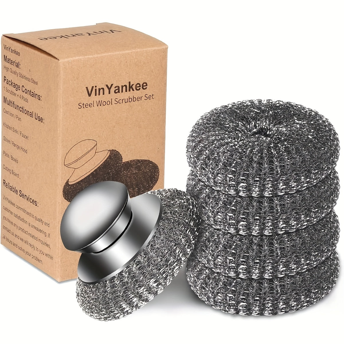 5pcs Set Of Steel Wire Ball Replacement (1 Scrubber+4 Pads), Stainless Steel Scrubber with Handle, Suitable for Cleaning Stubborn Stains On Cast Iron, Cookware, Grills, Stoves, Sinks, And Suitable for Home Kitchens