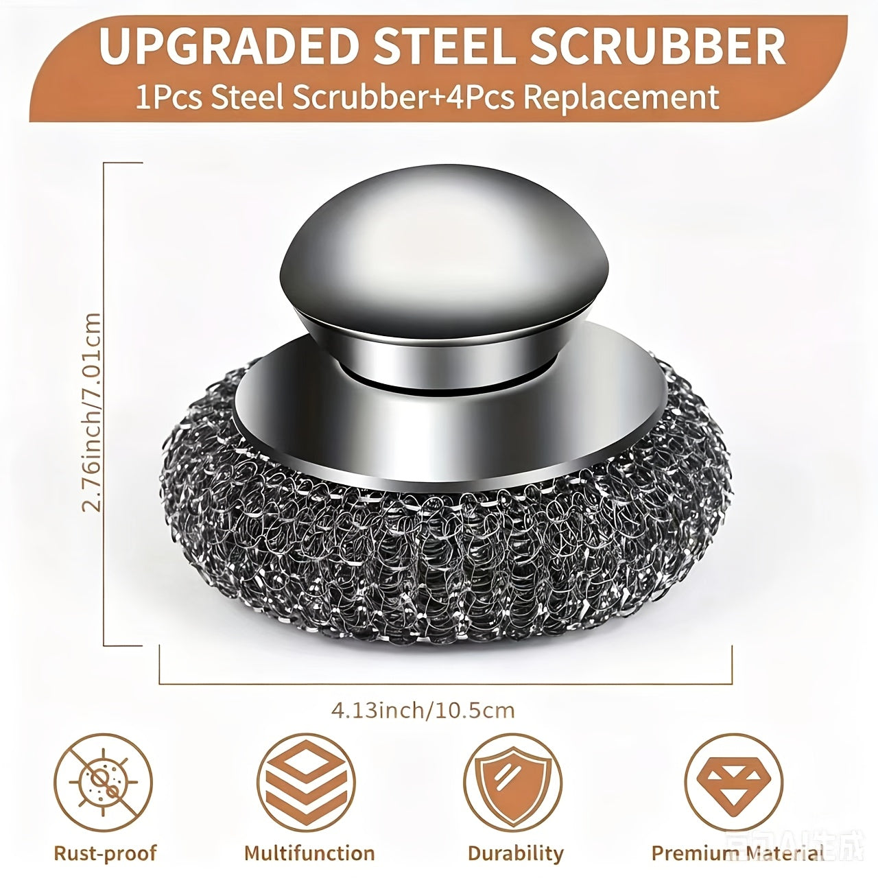 5pcs Set Of Steel Wire Ball Replacement (1 Scrubber+4 Pads), Stainless Steel Scrubber with Handle, Suitable for Cleaning Stubborn Stains On Cast Iron, Cookware, Grills, Stoves, Sinks, And Suitable for Home Kitchens